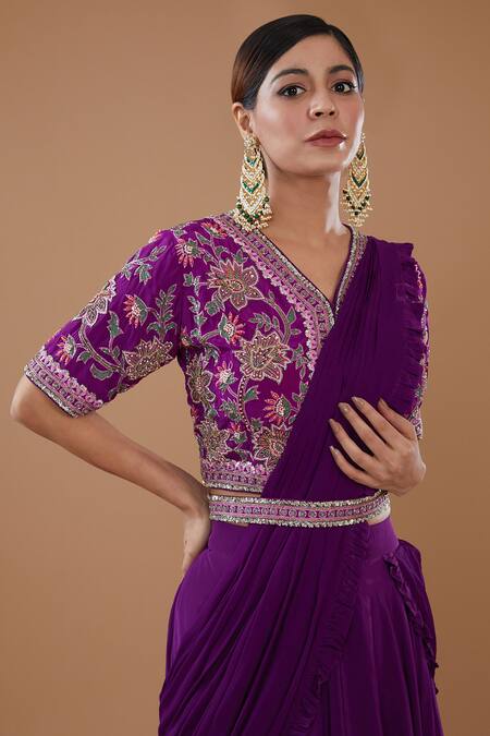 Buy_Baidehi_Purple Crepe, Chiffon Sequins, Layered Draped Lehenga Saree Set With Blouse _Online_at_Aza_Fashions