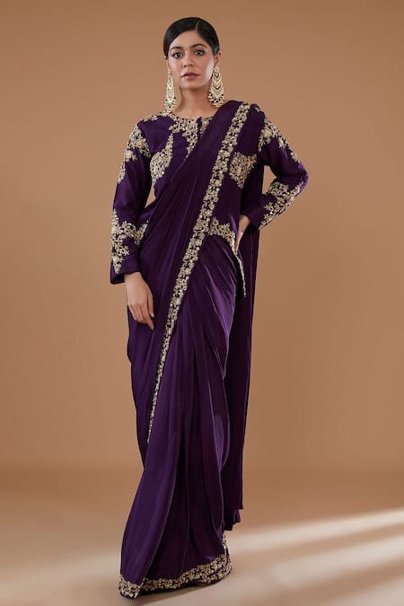 BAIDEHI Floral Vine Zari Embroidered Pre-Draped Saree With Blouse 