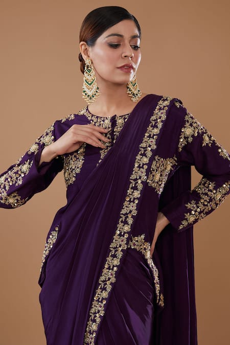 Buy_Baidehi_Purple Bamboo, Crepe Floral Vine Embroidered Pre-draped Saree With Blouse _Online_at_Aza_Fashions