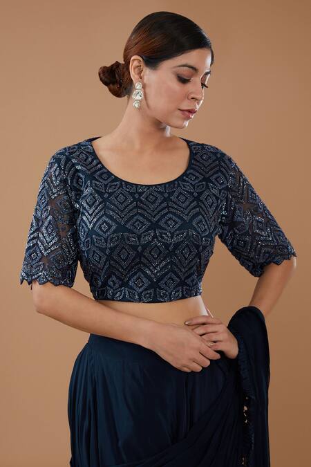 BAIDEHI_Blue Crepe, Chiffon Draped Layered Lehenga Saree Set With Embroidered Blouse _Online_at_Aza_Fashions