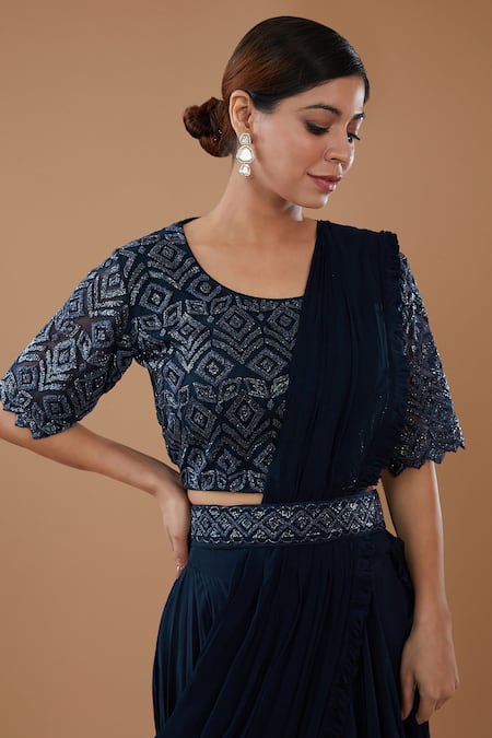 Buy_BAIDEHI_Blue Crepe, Chiffon Draped Layered Lehenga Saree Set With Embroidered Blouse _Online_at_Aza_Fashions