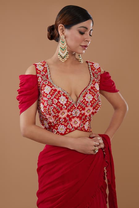 Baidehi_Red Crepe, Chiffon Sequins, Draped Layered Lehenga Saree With Embellished Blouse _Online_at_Aza_Fashions