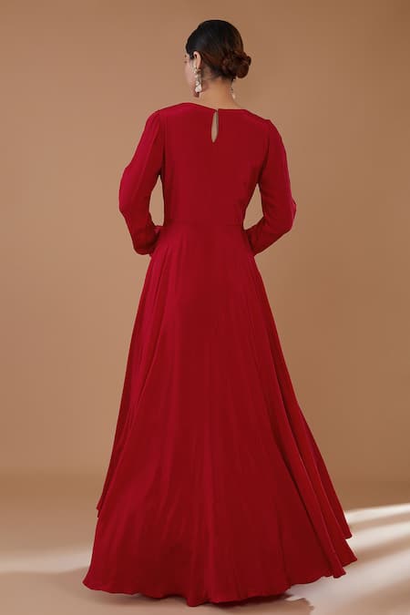 Shop BAIDEHI Red Organza, Crepe Beads, Floral Embroidered Anarakali With Ruffle Dupatta at Aza Fashions Shop_BAIDEHI_Red Organza, Crepe Beads, Floral Embroidered Anarakali With Ruffle Dupatta _at_Aza_Fashions