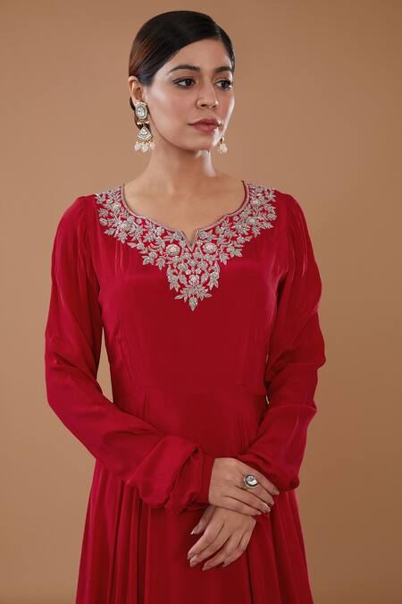 BAIDEHI Red Organza, Crepe Beads, Floral Embroidered Anarakali With Ruffle Dupatta Online at Aza Fashions BAIDEHI_Red Organza, Crepe Beads, Floral Embroidered Anarakali With Ruffle Dupatta _Online_at_Aza_Fashions