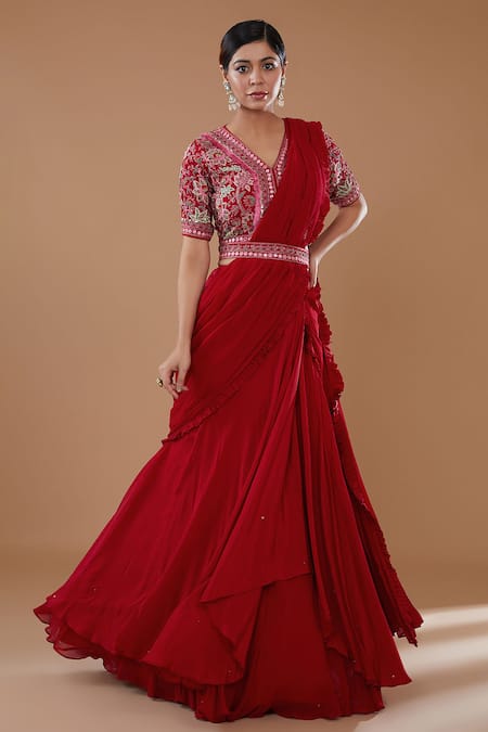 BAIDEHI Red Crepe Embroidered Thread V-neck Draped Layered Lehenga Saree Blouse Set