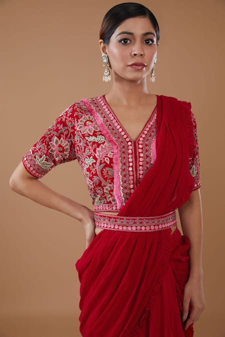 Baidehi Red Crepe, Chiffon Sequins, Beads, Draped Layered Lehenga Saree Blouse Set Online at Aza Fashions Baidehi_Red Crepe, Chiffon Sequins, Beads, Draped Layered Lehenga Saree Blouse Set _Online_at_Aza_Fashions