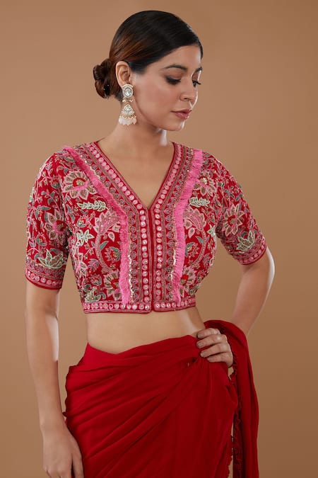 Buy Baidehi Red Crepe, Chiffon Sequins, Beads, Draped Layered Lehenga Saree Blouse Set Online at Aza Fashions Buy_Baidehi_Red Crepe, Chiffon Sequins, Beads, Draped Layered Lehenga Saree Blouse Set _Online_at_Aza_Fashions