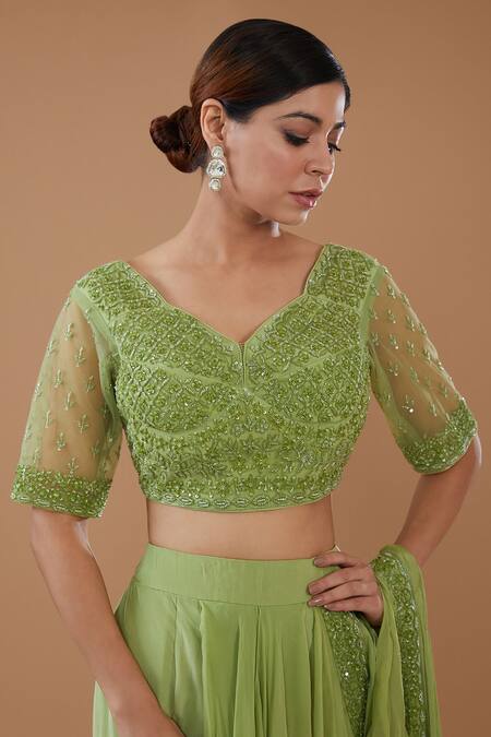 Baidehi Green Organza, Net, Crepe Draped Layered Ruffle Lehenga Saree With Blouse Online at Aza Fashions Baidehi_Green Organza, Net, Crepe Draped Layered Ruffle Lehenga Saree With Blouse _Online_at_Aza_Fashions