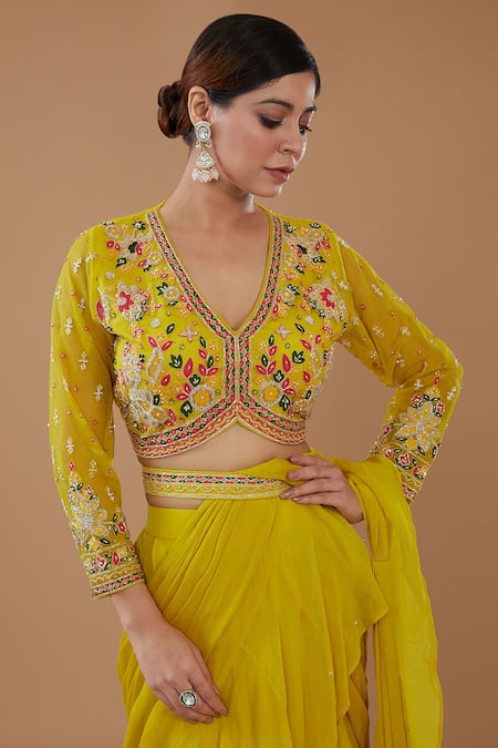 Baidehi_Yellow Organza, Net, Crepe, Layered Draped Ruffle Lehenga Saree With Blouse _Online_at_Aza_Fashions