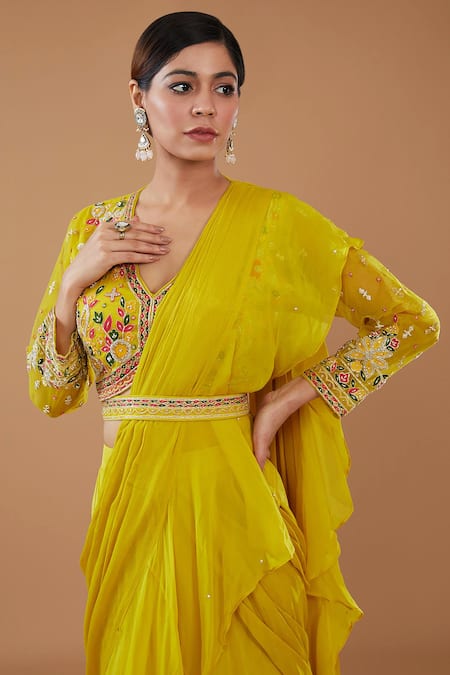 Buy_Baidehi_Yellow Organza, Net, Crepe, Layered Draped Ruffle Lehenga Saree With Blouse _Online_at_Aza_Fashions