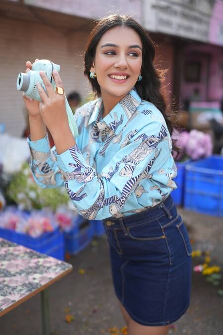 Gulaal_Blue Cotton Hand Printed Egyptian Cat Collar Shirt_Online_at_Aza_Fashions