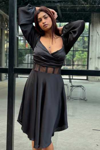 Detales_Black Wave Satin Plain Cowl Corset Dress_Online_at_Aza_Fashions
