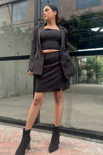 Detales_Black Banana Crepe Plain Lapel Collar Double Jacket Short Skirt Set_Online_at_Aza_Fashions