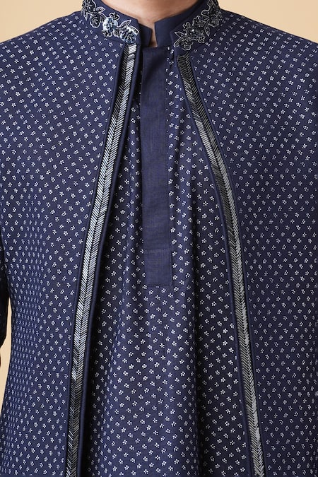 Shop Manish Nagdeo Blue Silk Embroidery Nalki Bundi Jacket Set Shop_Manish Nagdeo_Blue Silk Embroidery Nalki Bundi Jacket Set