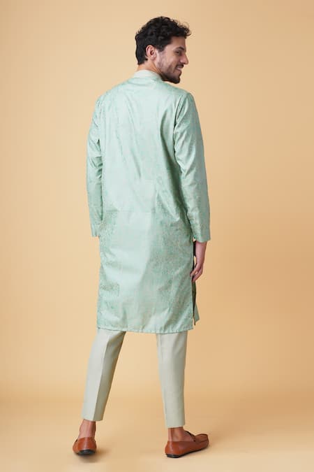 Shop Manish Nagdeo Green Silk Cut Work, Beads Floral Print Embroidered Bundi Kurta Set at Aza Fashions Shop_Manish Nagdeo_Green Silk Cut Work, Beads Floral Print Embroidered Bundi Kurta Set _at_Aza_Fashions