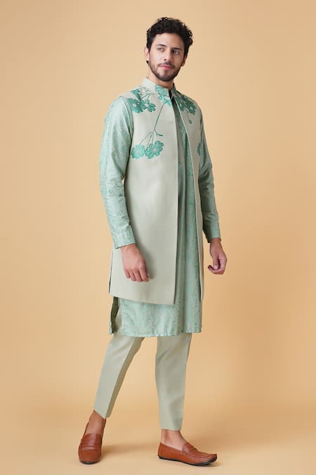 Manish Nagdeo Green Silk Cut Work, Beads Floral Print Embroidered Bundi Kurta Set Online at Aza Fashions Manish Nagdeo_Green Silk Cut Work, Beads Floral Print Embroidered Bundi Kurta Set _Online_at_Aza_Fashions