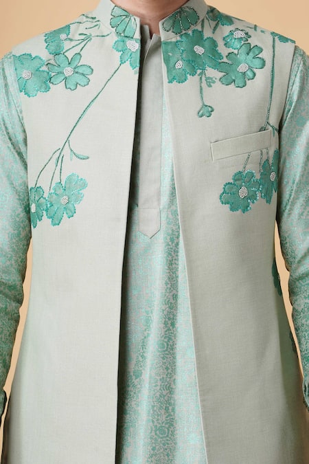 Buy Manish Nagdeo Green Silk Cut Work, Beads Floral Print Embroidered Bundi Kurta Set Online at Aza Fashions Buy_Manish Nagdeo_Green Silk Cut Work, Beads Floral Print Embroidered Bundi Kurta Set _Online_at_Aza_Fashions