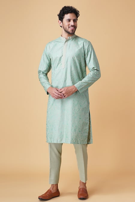 Shop Manish Nagdeo Green Silk Cut Work, Beads Floral Print Embroidered Bundi Kurta Set Online at Aza Fashions Shop_Manish Nagdeo_Green Silk Cut Work, Beads Floral Print Embroidered Bundi Kurta Set _Online_at_Aza_Fashions