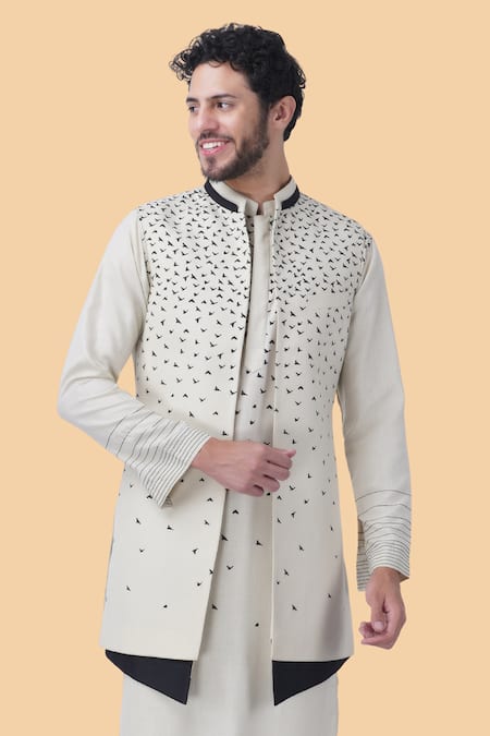 Manish Nagdeo Beige Silk Embroidery Printed Bundi Jacket Kurta Set Online at Aza Fashions Manish Nagdeo_Beige Silk Embroidery Printed Bundi Jacket Kurta Set _Online_at_Aza_Fashions