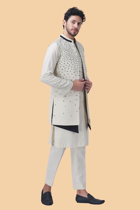 Manish Nagdeo Beige Silk Embroidery Printed Bundi Jacket Kurta Set at Aza Fashions Manish Nagdeo_Beige Silk Embroidery Printed Bundi Jacket Kurta Set _at_Aza_Fashions