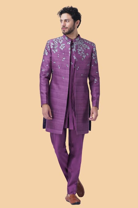 Manish Nagdeo Purple Kurta And Pant Cotton Silk Printed Floral Nehru Jacket Set 