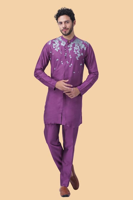 Manish Nagdeo_Purple Cotton, Silk Embroidery Floral Print Nehru Jacket Set _Online_at_Aza_Fashions