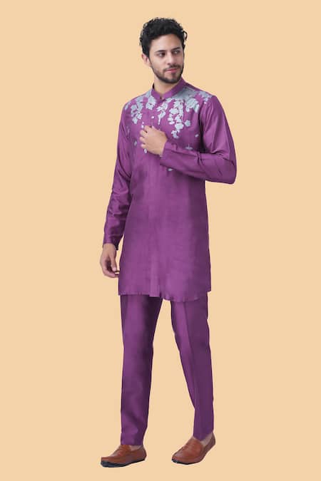 Buy_Manish Nagdeo_Purple Cotton, Silk Embroidery Floral Print Nehru Jacket Set _Online_at_Aza_Fashions