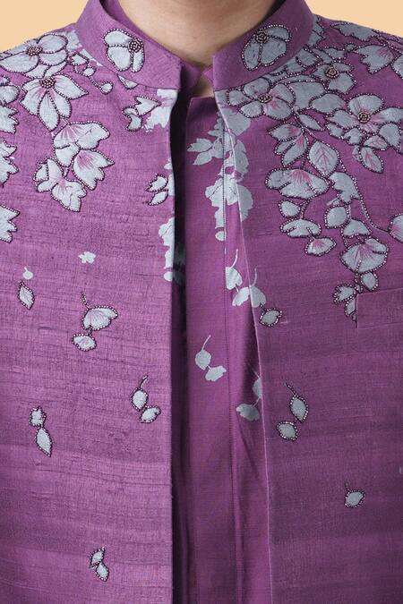 Shop_Manish Nagdeo_Purple Cotton, Silk Embroidery Floral Print Nehru Jacket Set _Online_at_Aza_Fashions