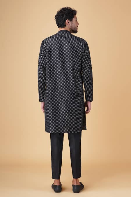 Shop_Manish Nagdeo_Black Silk Embroidery Asymmetric Floral Bundi Jacket Kurta Set _Online_at_Aza_Fashions