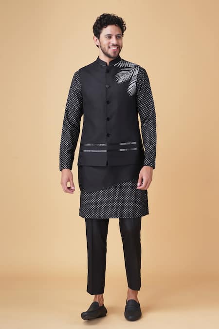 Manish Nagdeo_Black Silk Embroidery Asymmetric Floral Bundi Jacket Kurta Set _at_Aza_Fashions