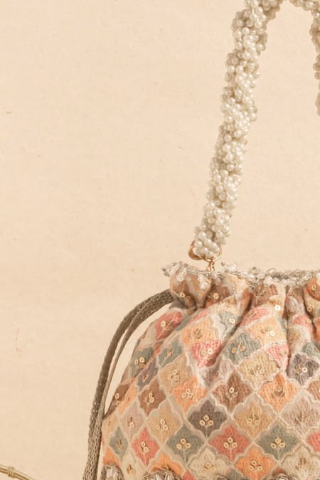 Shop Amyra Multi Color Sequins, Beads, Pearls Aza Floral Embroidered Bucket Bag at Aza Fashions Shop_Amyra_Multi Color Sequins, Beads, Pearls Aza Floral Embroidered Bucket Bag_at_Aza_Fashions