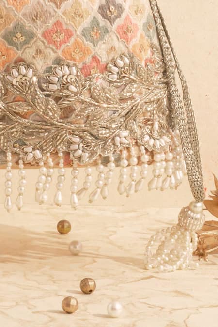 Buy Amyra Multi Color Sequins, Beads, Pearls Aza Floral Embroidered Bucket Bag Online at Aza Fashions Buy_Amyra_Multi Color Sequins, Beads, Pearls Aza Floral Embroidered Bucket Bag_Online_at_Aza_Fashions