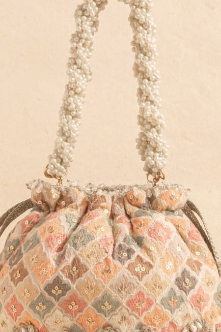Shop Amyra Multi Color Sequins, Beads, Pearls Aza Floral Embroidered Bucket Bag Online at Aza Fashions Shop_Amyra_Multi Color Sequins, Beads, Pearls Aza Floral Embroidered Bucket Bag_Online_at_Aza_Fashions