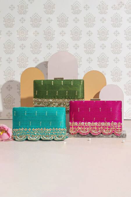 Amyra_Pink Pearls, Zari, Lace Tari Embroidered Box Clutch_Online_at_Aza_Fashions