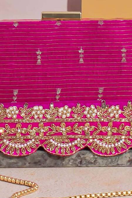 Buy_Amyra_Pink Pearls, Zari, Lace Tari Embroidered Box Clutch_Online_at_Aza_Fashions