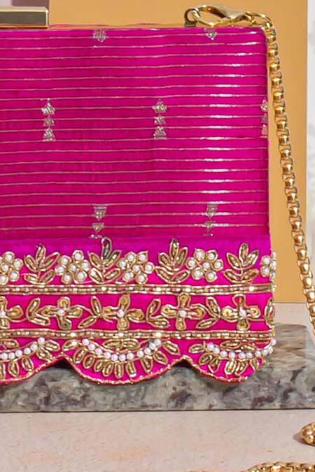 Shop_Amyra_Pink Pearls, Zari, Lace Tari Embroidered Box Clutch_Online_at_Aza_Fashions