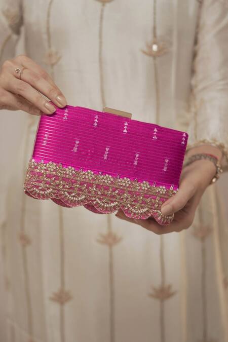 Amyra_Pink Pearls, Zari, Lace Tari Embroidered Box Clutch_at_Aza_Fashions