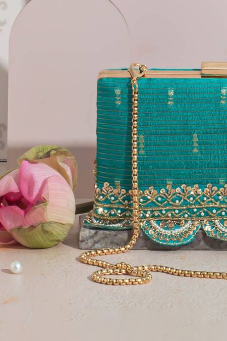 Amyra_Blue Pearls, Zari, Lace Tari Silk Embroidered Box Clutch_Online_at_Aza_Fashions