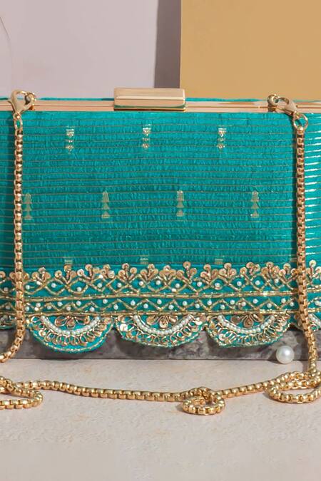 Buy_Amyra_Blue Pearls, Zari, Lace Tari Silk Embroidered Box Clutch_Online_at_Aza_Fashions