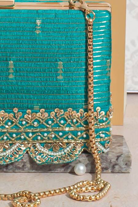 Shop_Amyra_Blue Pearls, Zari, Lace Tari Silk Embroidered Box Clutch_Online_at_Aza_Fashions