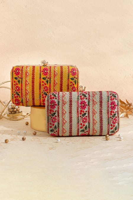 Shop Amyra Yellow Zari, Sequins Zuri Floral Thread Embroidered Box Clutch at Aza Fashions Shop_Amyra_Yellow Zari, Sequins Zuri Floral Thread Embroidered Box Clutch _at_Aza_Fashions