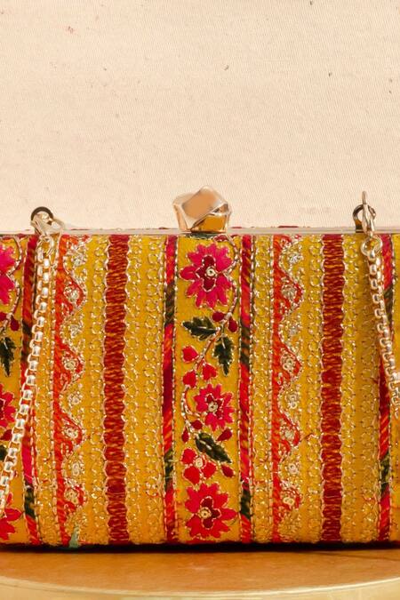 Buy Amyra Yellow Zari, Sequins Zuri Floral Thread Embroidered Box Clutch Online at Aza Fashions Buy_Amyra_Yellow Zari, Sequins Zuri Floral Thread Embroidered Box Clutch _Online_at_Aza_Fashions