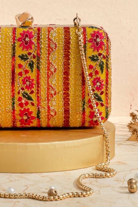 Shop Amyra Yellow Zari, Sequins Zuri Floral Thread Embroidered Box Clutch Online at Aza Fashions Shop_Amyra_Yellow Zari, Sequins Zuri Floral Thread Embroidered Box Clutch _Online_at_Aza_Fashions