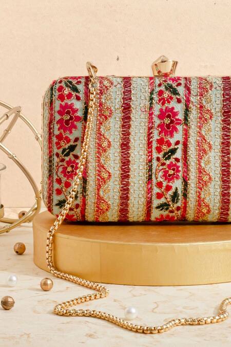 Amyra Green Zari, Embroidery Zuri Floral Box Clutch Online at Aza Fashions Amyra_Green Zari, Embroidery Zuri Floral Box Clutch _Online_at_Aza_Fashions