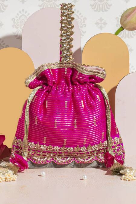 Amyra_Pink Pearls, Zari, Lace Tari Embroidered Potli Bag_Online_at_Aza_Fashions
