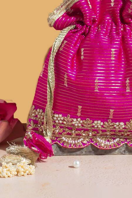 Buy_Amyra_Pink Pearls, Zari, Lace Tari Embroidered Potli Bag_Online_at_Aza_Fashions