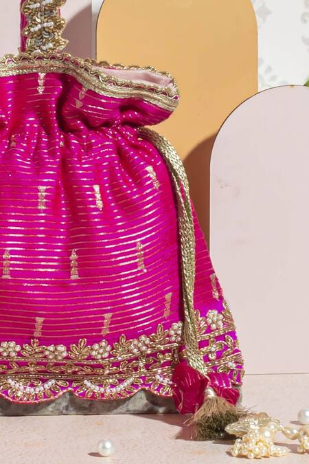 Amyra_Pink Pearls, Zari, Lace Tari Embroidered Potli Bag_at_Aza_Fashions