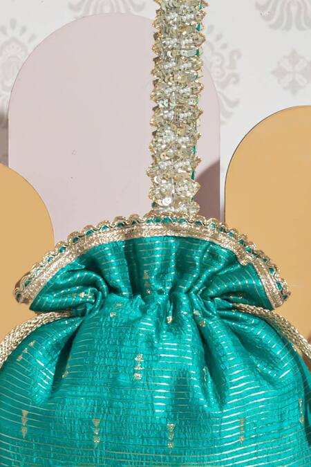 Buy_Amyra_Blue Pearls, Zari, Lace Tari Silk Embroidered Potli Bag_Online_at_Aza_Fashions