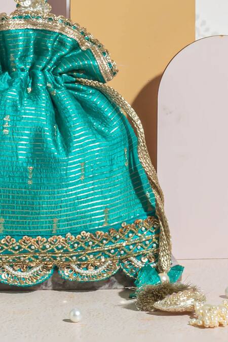 Shop_Amyra_Blue Pearls, Zari, Lace Tari Silk Embroidered Potli Bag_Online_at_Aza_Fashions