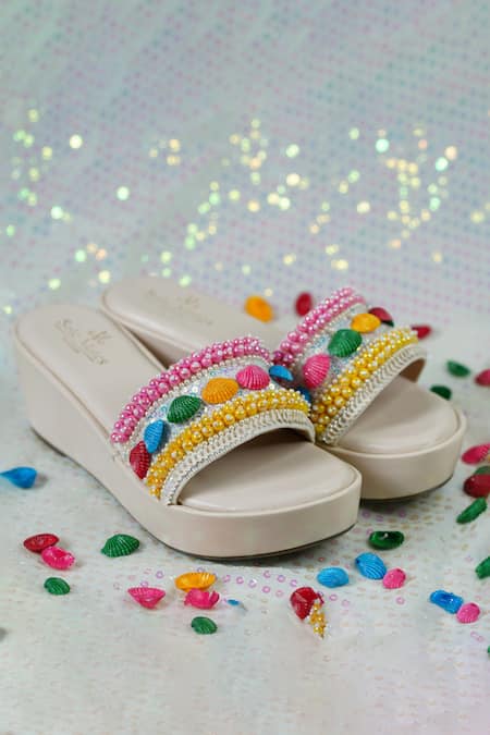 Shop Sole Mates by Palak White Shell Bella Handcrafted Wedges at Aza Fashions Shop_Sole Mates by Palak_White Shell Bella Handcrafted Wedges _at_Aza_Fashions